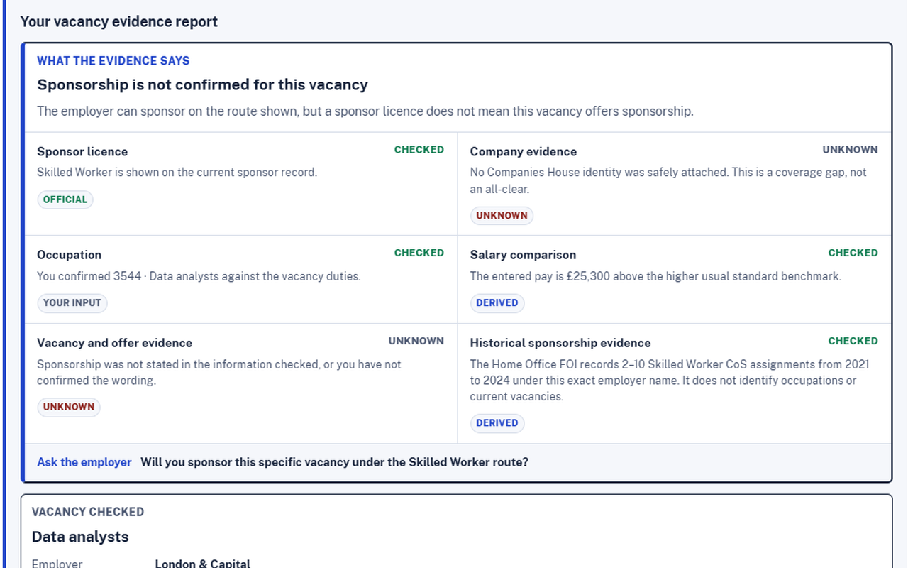 The extension showing a dated sponsor-register evidence summary and its limitations