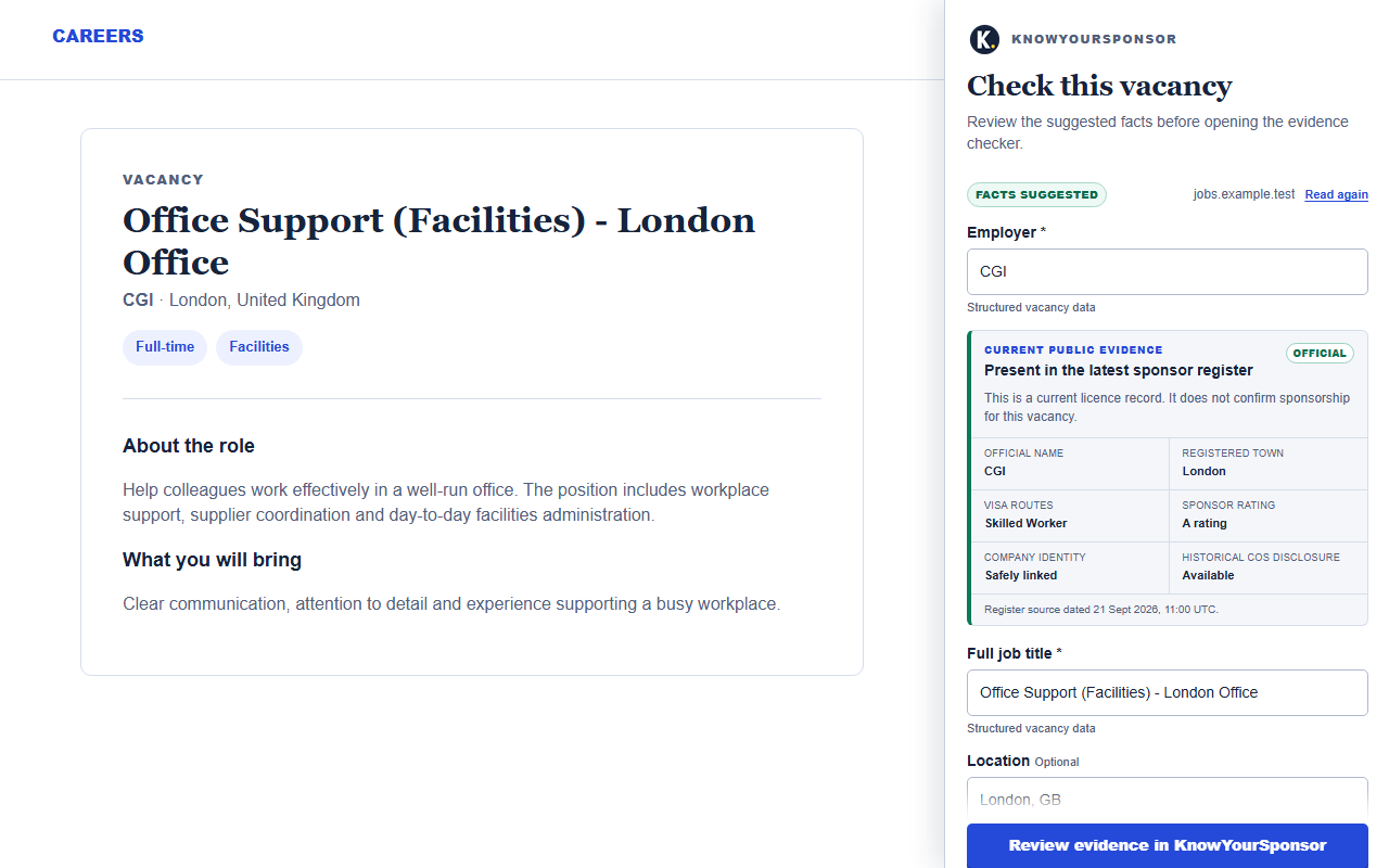 The extension showing vacancy fields for the user to review before opening KnowYourSponsor